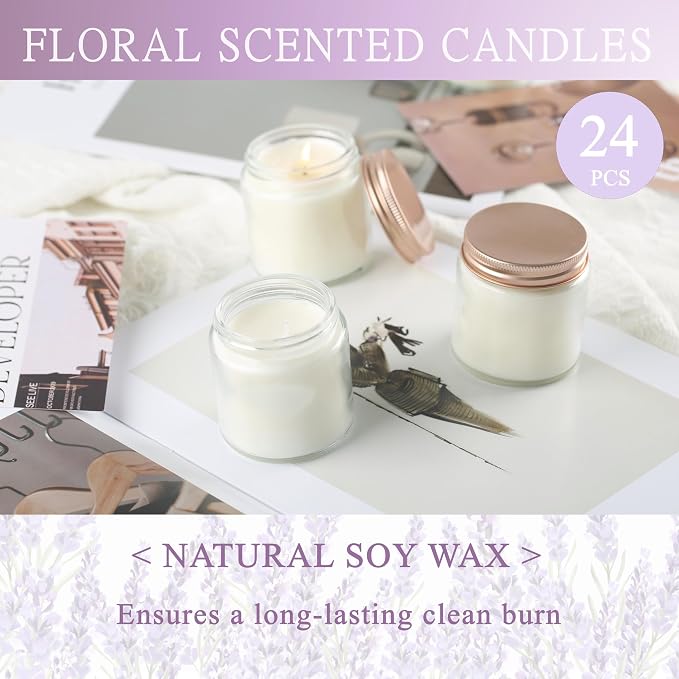 24 Pcs 4 Oz Mason Jar Candles, Lavender Scented Soy Candles Bulk Set for Stress Relief and Relaxation, Great Favors for Wedding, Christmas, Housewarming Gifts (Pink, Lavender, 24)