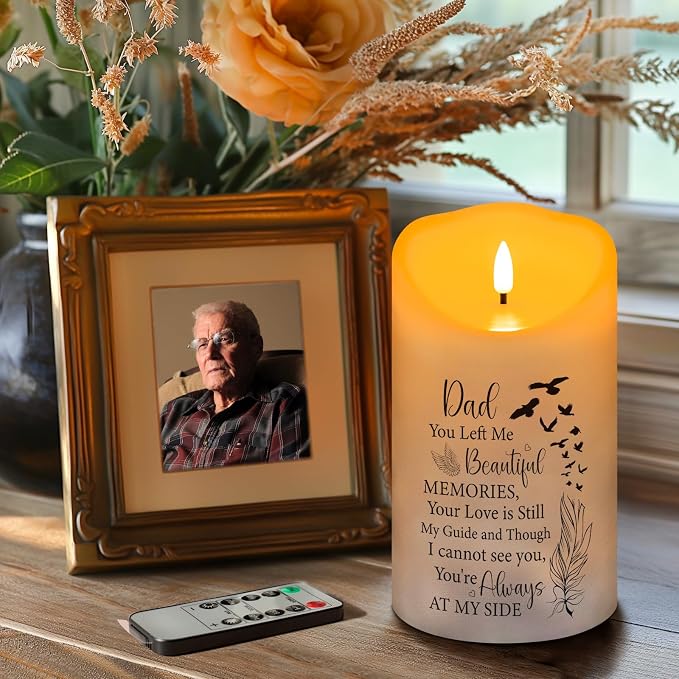 Flameless Memorial Candle, Real Wax LED Light with 10-Key Remote Sympathy Gift Bereavement Gifts for Loss of Loved One Memorial Gifts for Loss of Father Remembrance Gifts (4" x 7")