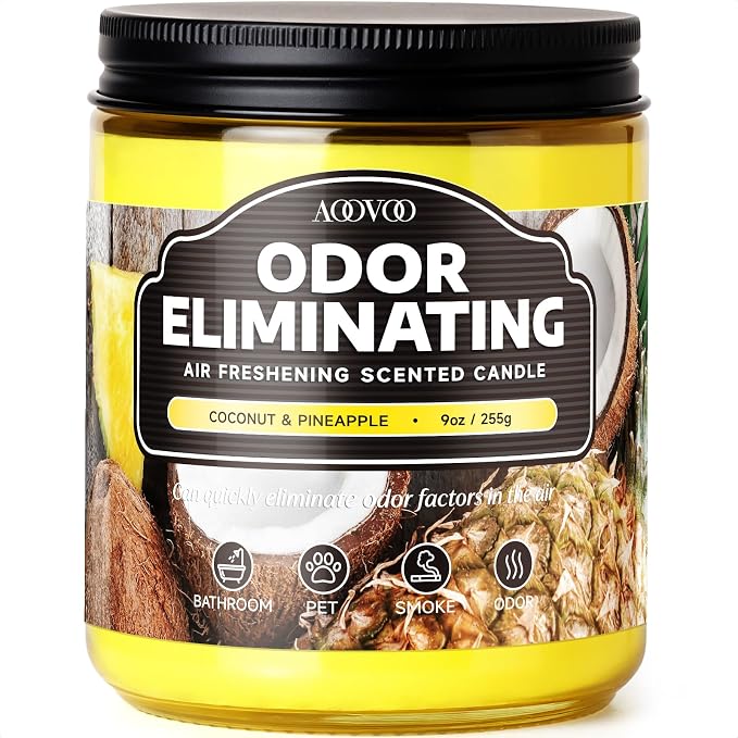 AOOVOO Coconut Pineapple Odor Eliminating Highly Fragranced Candle - Eliminates 95% of Pet, Smoke, Food, and Other Smells Quickly, Air Freshing Soy Candle, 9 oz Up to 50 Hours Burn time