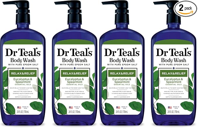 Dr Teal's Body Wash with Pure Epsom Salt, Relax & Relief with Eucalyptus & Spearmint, 24 fl oz (Pack of 4)
