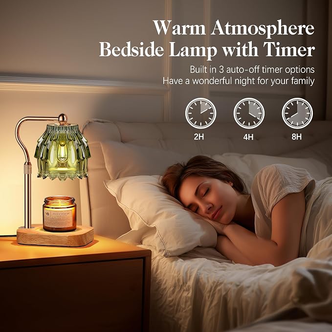 Candle Warmer Lamp with Timer Dimmer, Modern Wax Warmer for Scented Wax Jar Candle Warmer with 2 Bulbs, Adjustable Height Glass Lamp for Gifts for Women, Home Decor, Gold Green