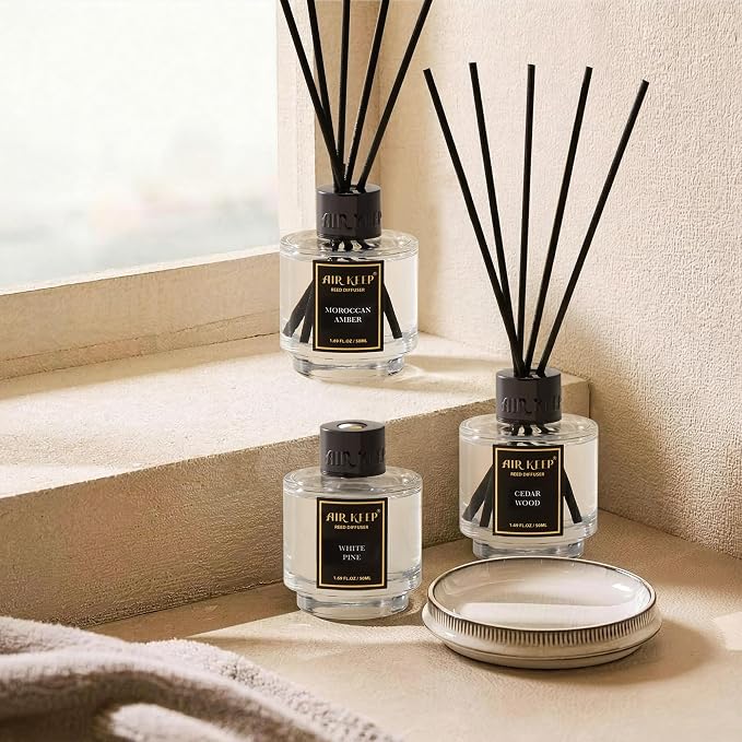 Airkeep Reed Diffuser Set of 3 for Bathroom Air Fresheners, Oil Diffuser Sticks | Cedar Wood,White Pine Moroccan Amber Scent Diffuser(1.7 fl oz*3) Fragrance with 18 Sticks Defusers | Shelf Decor