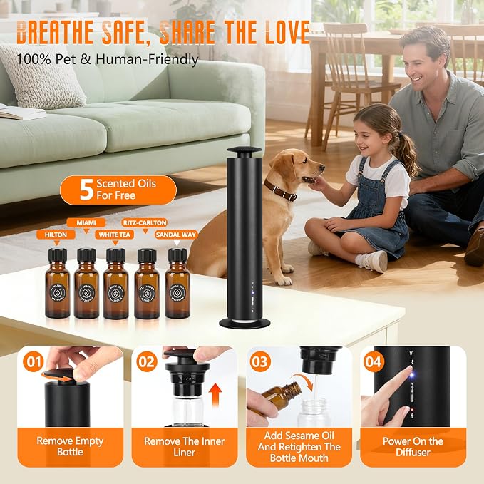JEKAL Waterless Scent Diffuser Starter Kit with 5 Oils - Smart APP Cold Air Scent Machine, Up to 2000 Sq Ft for Homes Offices Hotels Spas - Quiet Essential Oil Diffuser 8H Battery 3-Color Light, Black