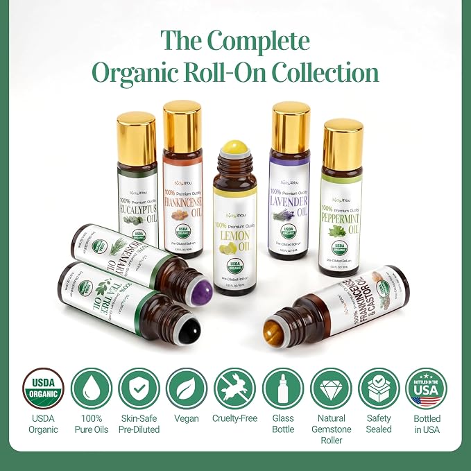 Tea Tree Essential Oil Roll On for Acne Blemish Clear Skin Care - 100% Pure USDA Organic MCT Coconut Oil - Face Body Nail Cuticle Purifying Fresh Skin Care Cleansing - Gemstone Roller 10ml Travel Size