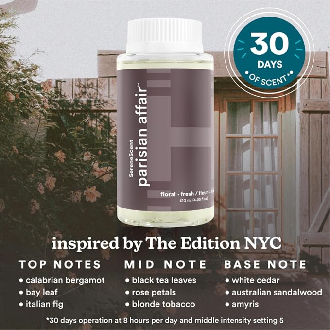 Homedics SereneScent Waterless Diffuser Oil Refill — Parisian Affair (120ml). Clean, Safe, Elegant & Sophisticated Home Fragrance. Compatible with SereneScent Diffusers. Easy Twist Plug & Play.