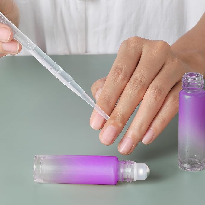 SESENSE Essential Oil Roller Bottles, 10ml Thick Glass Perfume Roller Bottles with Funnel Opener and Dropper Colored Glass Empty Bottles with Stainless Steel Roller Balls (Purple, 4 Pack)