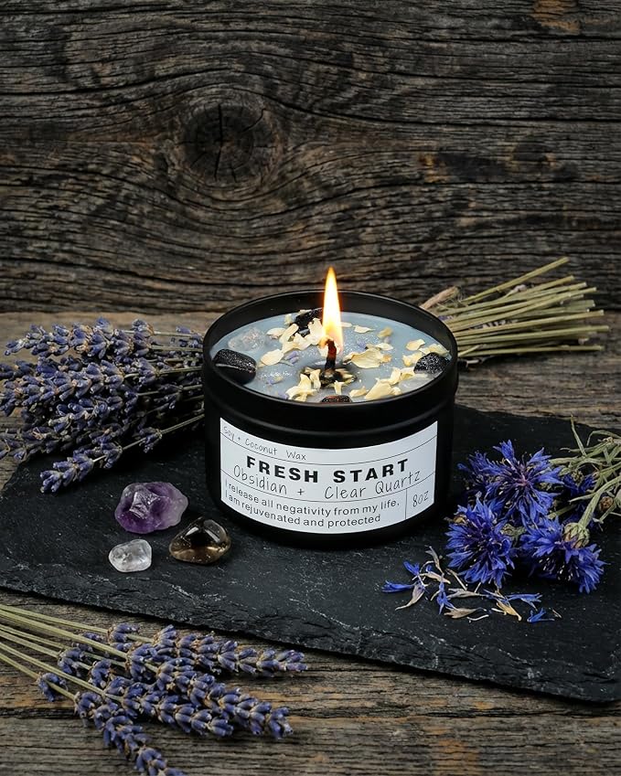 Fresh Start Obsidian, Clear Quartz Candle, Vegan Energy Clearing Ritual, Becoming Your Best Self, Oriental Scent (8oz)