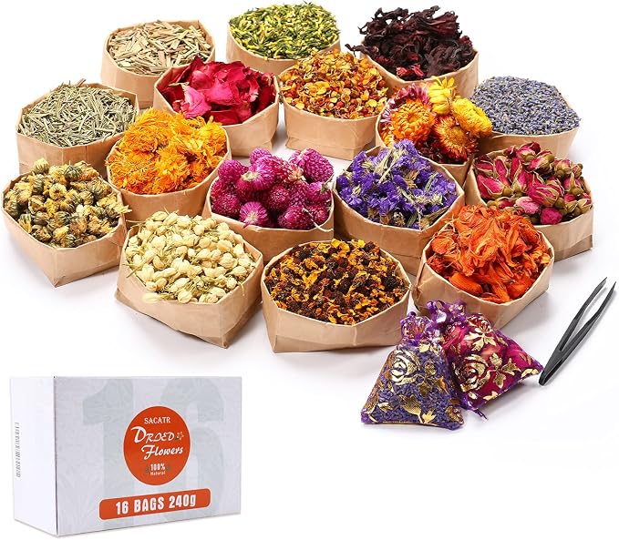 15g/Bag Dried Flowers,100% Natural Dried Flowers Herbs Kit for Soap Making, DIY Candle Making,Bath - Include Rose Petals,Lavender,Don't Forget Me,Lilium,Jasmine,Rosebudsand More(16 Bags)