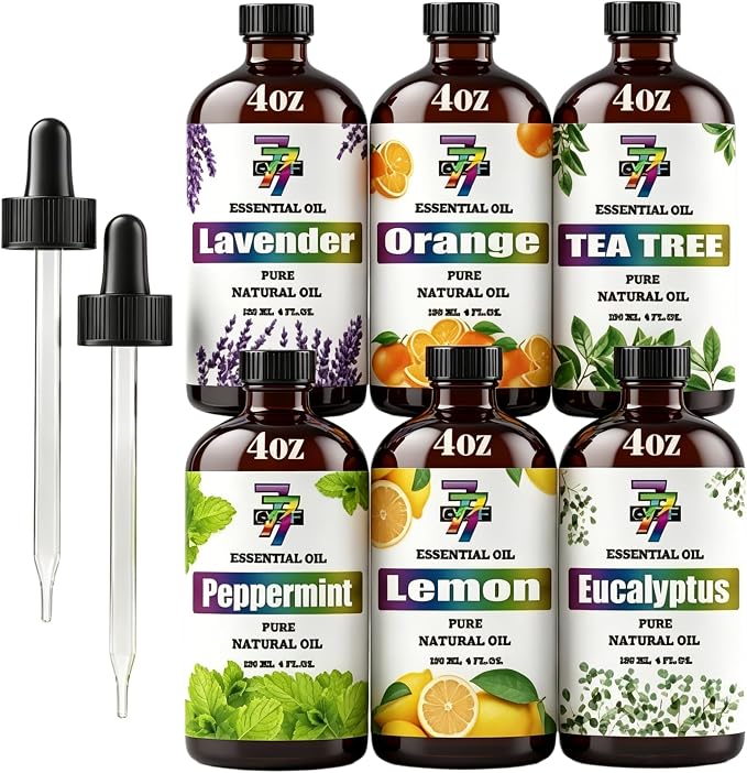 Essential Oil Set – 6 * 4 oz (120 ml) – Lavender, Peppermint, Lemon, Sweet Orange, Tea Tree, Eucalyptus – for Diffuser, Home Fragrance, Cleaning, Yoga, DIY Soap, Candles, Gift – GV77ZF