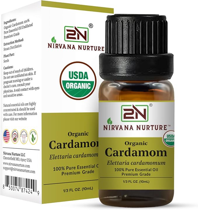 Cardamom Essential Oil, USDA Certified Organic, 100% Pure Undiluted, Aromatherapy Oil for Diffuser, Hair & Skin Care
