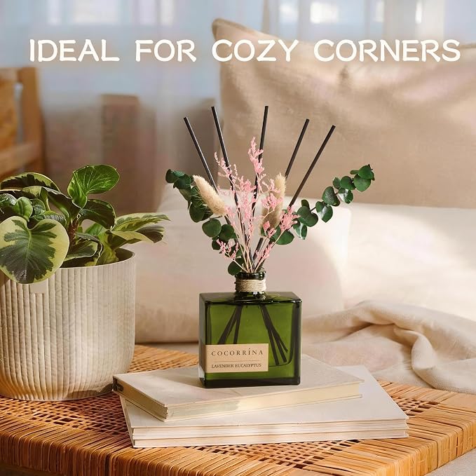 COCORRÍNA Reed Diffuser, 6.76 oz Lavender Eucalyptus Scent Reed Diffuser with 6 Sticks & Dried Flowers, Long Lasting Elegant Fragrance Home Décor for Bathroom Bedroom Office