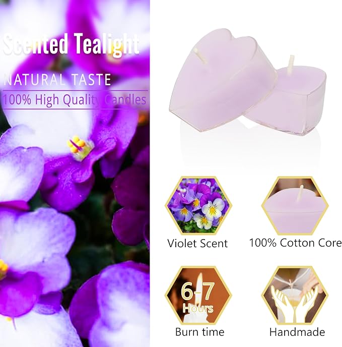 Purple Tea Lights Set of 24, Violet Scented Tealight Candles, Handmade Tea Candles, Long Burning Tealights for Romantic Wedding Home Decor Gift