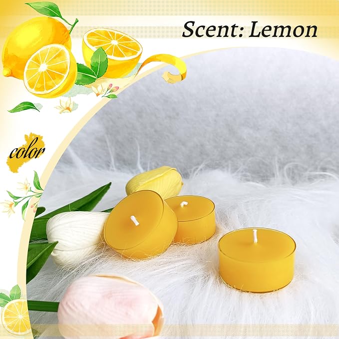 Lemon Scented Tealight Candles, Yellow Scent Tea Lights Candles Clear Cup, 24 Pack Colored Tealights Candle, 6 Hour Burn Time Tea Candles for Party, Decor, Spa, Shabbat