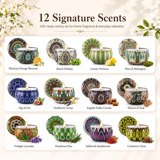 Scented Candles Gift Set, 12 Pack Soy Wax Candles for Home, 12 Scents, Aromatherapy Travel Tins with Gift Box for Women, Birthday, Housewarming, Relaxation