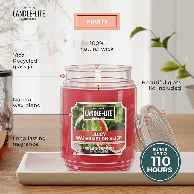 Candle-lite Scented Candles, Juicy Watermelon Slice, 18 oz Jar, Proudly Poured in The USA, Aromatherapy Candle, Single-Wick with 110 Hours of Burn Time, Perfect for Creating a Refreshing Ambiance