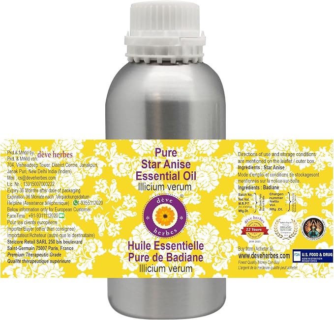 Deve Herbes Pure Star Anise Essential Oil (lllicium verum) Steam Distilled 630ml (21 oz)