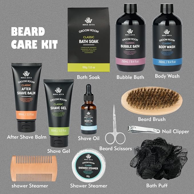 14 Pcs Bath & Body Gift Set for Men, Father's Day Gifts, Beard Grooming, Home Spa & Self Care Gift Basket, Shave Gel, Leather Bag, Christmas, Birthday, Anniversary, Dad, Husband, Boyfriend