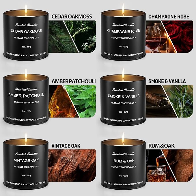 Men's Scented Candles Gift Set - 6 Pack Luxury Soy Candles for Home Scented, Masculine Woodsy Fragrances: Smoke Vanilla, Rum Oak & Cedar - Unique Birthday Gifts for Men, Dad, Husband, Boyfriend