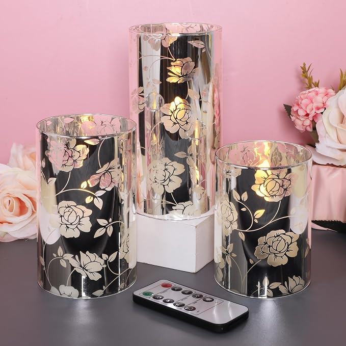Floral Glass Flameless Candles Rose Romantic Battery Operated Candles with Remote Flickering LED Silver Real Wax Pillar Candle for Valentine's Day Wedding Party Home Christmas Decor, Set of 3