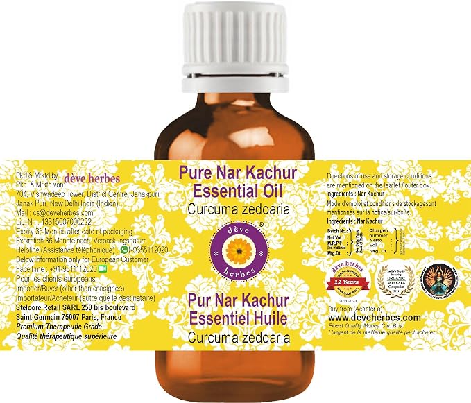 dève herbes NAR Kachur Essential Oil (Curcuma zedoaria) Pure | Non-Sticky | Non-Greasy | Lightweight | Men & Women | All Skin Types | Steam Distilled 10ml (0.33 oz)