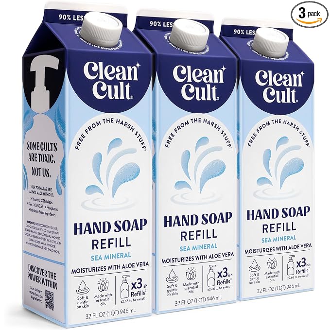 Cleancult - Liquid Hand Soap Refills - Sea Minerals - Gentle On Sensitive Skin - Made with Aloe Vera & Essential Oils - Eco Friendly - Paper-Based Packaging - 32 oz/3 Pack