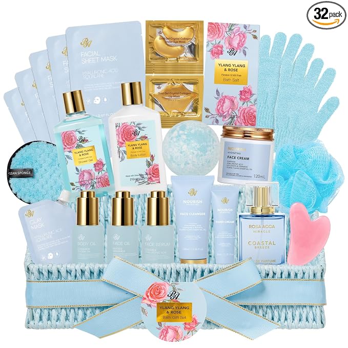 Gifts for Women, 32 Pcs Ylang & Rose Bath & Body Gift Basket for Women, Hydrating Face Skin Care Gifts Kit, Spa Gift Basket Set, Self-Care Relaxation Gift, Birthday, Anniversary, Christmas, Wife, Mom