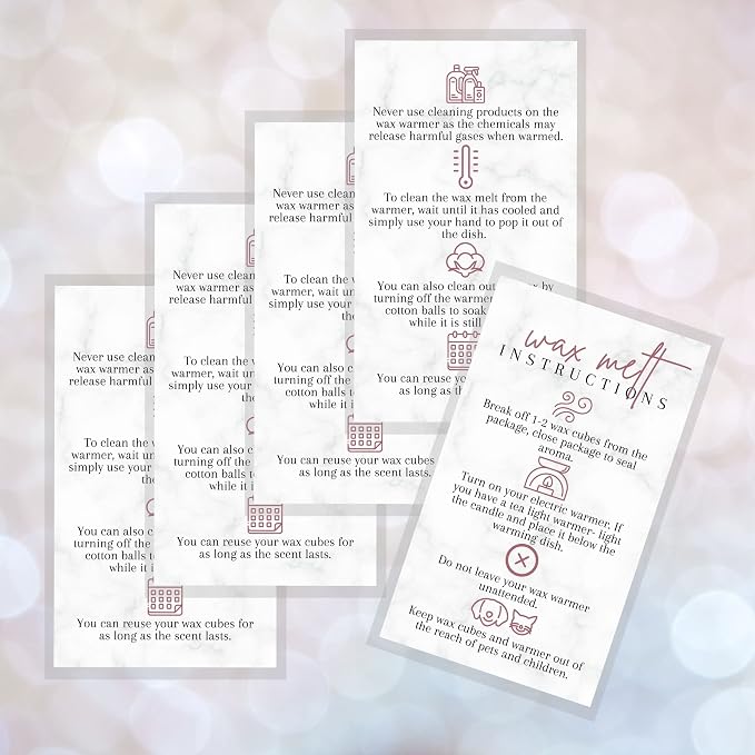 Wax Melt Care Instruction Cards | 50 Pack 2x3.5” Business Card Wax Melt Supplies Homemade Customer thank you for Warmer Minimalist Marble Mauve Pink How To Care for wax cube clamshell wickless candle