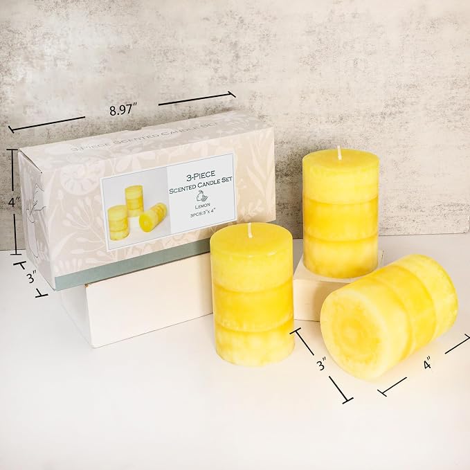 Yellow Pillar Candles 3x4 Inch Hand-Poured Lemon Scented Candles Lemongrass Fragrance Long Lasting Clean Burning Smokeless Summer Candle for Home Scent Bathroom Rustic Table Decor, Set of 3