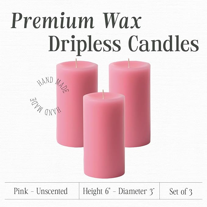 Mister Candle Dripless Unscented Pillar Candles, Set of 3 Hand Poured Pink Pillar Candles, Solid Color Non-Scented Candles for Home Decor, Premium Wax, 80 Hr Burn Time, 3x6 Inch