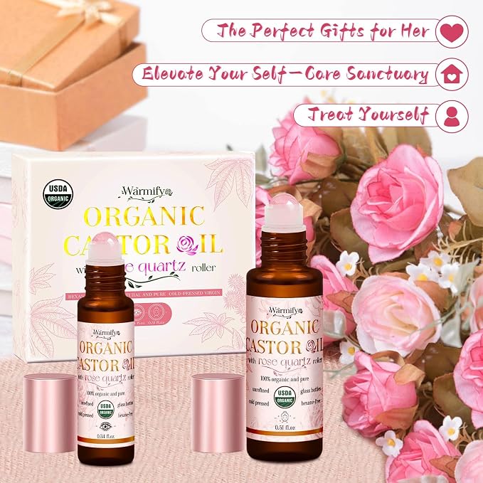 Organic Castor Oil with Real Rose Quartz Roll-On, 2 Pack for Face & Eyes — Lash & Brow Growth, Under Eye Care, Skin Moisturizing, Cold-Pressed, Hexane-Free, Beauty Self-Care Gifts for Women
