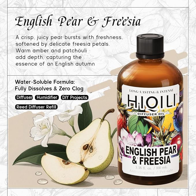 HIQILI English Pear &Freesia Diffuser Oil, Long-Lasting Refill for Humidifiers & Reed Diffusers, Hotel-Grade Scent, Suitable for Home Use - 3.38 Fl Oz
