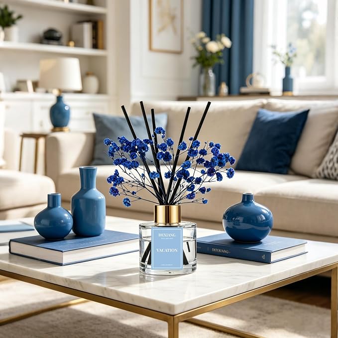 Reed Diffuser Set, 3.38 fl oz (100ml) Vacation Scent Oil Diffuser with 6 Reed Sticks, Natural Home Fragrance Reed Diffuser for Bathroom, Bedroom, Living Room Shelf Decor