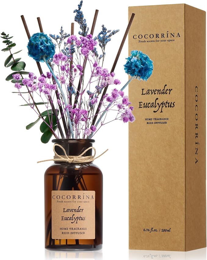 Cocorrína Reed Diffuser Set, 6.7oz Flower Reed Diffuser with Real Preserved Flowers - Lavender & Eucalyptus Scented Oil & Sticks - Long Lasting Home Fragrance for Bedroom Bathroom Shelf Decor