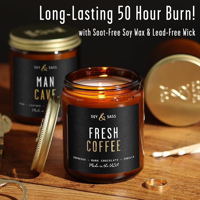 Fresh Coffee Candle - Black Candles for Men or Women - Dark Coffee Beans, Caramel & Vanilla Cream Soy Wax Scented Mens Candle - Infused w/Essential Oils | Long 50Hr Burn, 9oz I Non Toxic I Made in USA