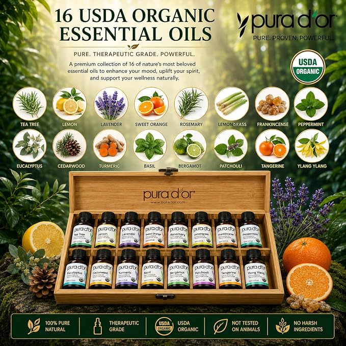 PURA D'OR Organic Sweet16 Essential Oils Set - 16x 10mL Wood Box Aromatherapy Gift Set - 100% Pure Therapeutic Grade for Relaxation and Wellness (Lavender, Rosemary, Turmeric, Ylang Ylang & More)