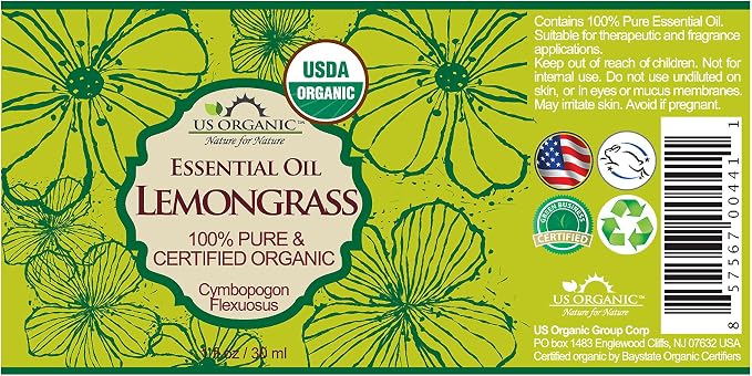 US Organic 100% Pure Lemongrass Essential Oil, USDA Certified Organic, Extracted by Steam Distillation Method, for Hair, Nail Polish Remover, Bees Attraction, and More. 30 ml, Value 2 Pack