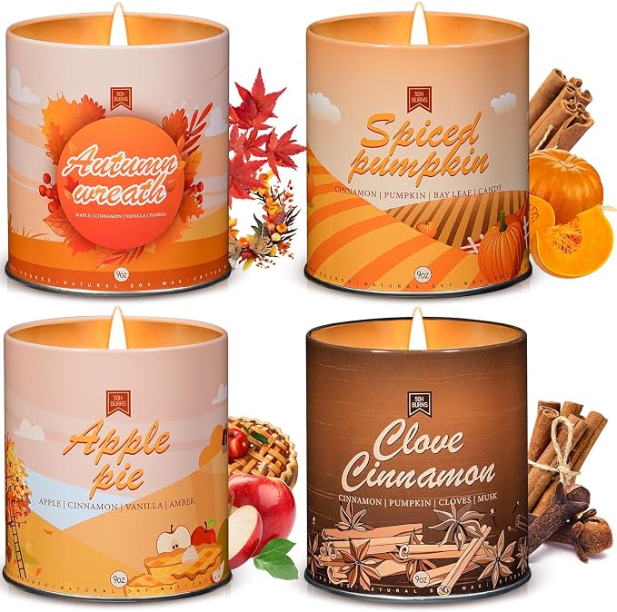 Scented Candle Set, 4Pack Aromatherapy Soy Wax Candles Valentine's Day Gift for Her Him, Holiday Candles for Women Men (Apple/Wreath/Cinnamon/Pumpkin