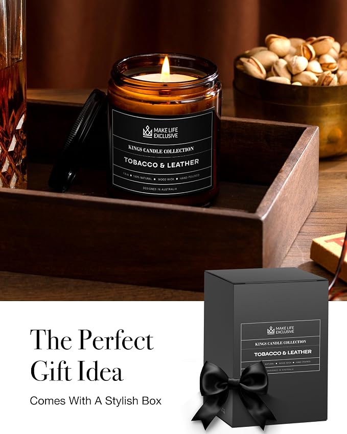 Scented Candles for Men | Tobacco & Leather Scented | Wooden Wick, Long Lasting, Masculine Scents | Natural Soy Jar Candle for Home, Bacehlor Pad Decor | The Perfect Mens Gift