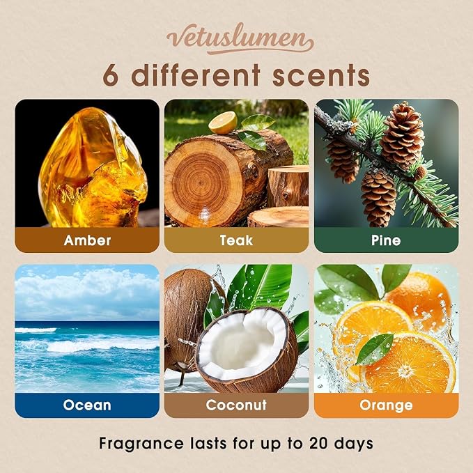 6 Pack Wood Car Air Freshener -3 Scents(Amber-Teak-Pine) Wooden Air Freshener, Natural Essential Oil Scents - Metal Clip Included
