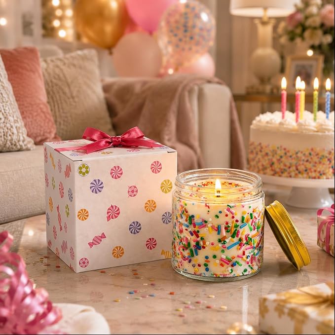 Viyffo Happy Birthday Candle - Caramel & Vanilla Cupcake, 18oz Large Non Toxic Soy Scented Candle, Decorative Colorful Jar Candle, Birthday Gift for Women, Mom & Sisters, Yourself, Friends