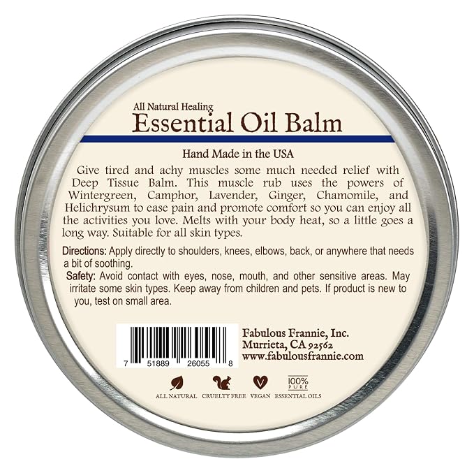 Fabulous Frannie Deep Tissue All Natural Essential Oil Healing Balm Made with Sunflower Oil, Coconut Oil, Shea Butter, Beeswax, Soy Wax, Aloe Vera and Pure Essential Oils 3.5oz (Pack of 1)