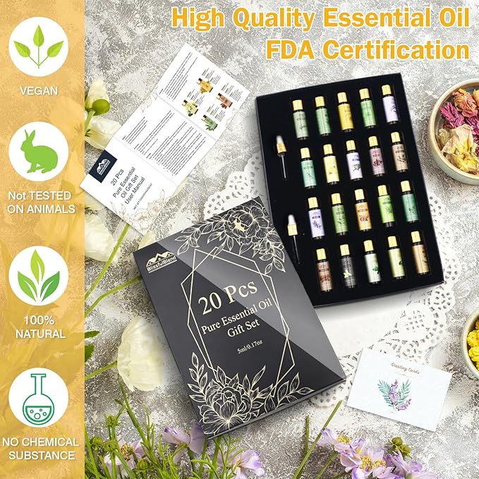 Fragrance Essential Oils Set, Essential Oils for Diffuser, for Home, Skin, Candle & Soap Making-Tea Tree, Lavender, Peppermint, Rose and More, with Gift Card for Friend, Teacher, Mom(20×5ml