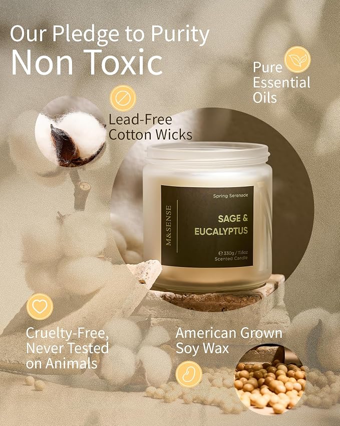 M&SENSE Eucalyptus Sage Scented Candle, 2-Wick, Natural Soy Wax, Non Toxic, 70-Hour Long Lasting Burn, 11.6oz, Spring Cleaning Candles, Fresh & Clean Scent for Home, Relaxation Gifts