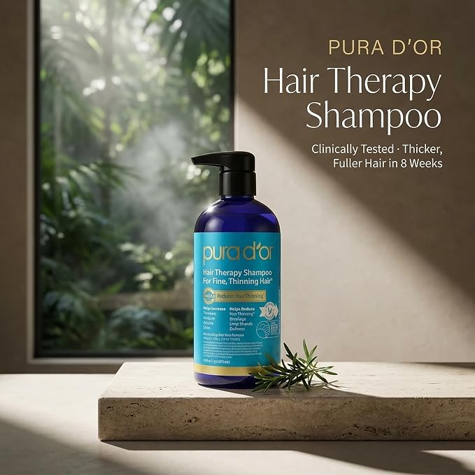PURA D'OR Hair Thinning Therapy Biotin Shampoo - CLINICALLY TESTED Effective Results, Herbal Blend Hair Thickening Products For Women & Men, Color Safe Routine Shampoo, Herbal Scent 16 Fl Oz