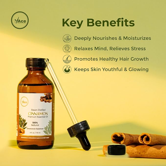 My ACE Cinnamon Essential Oil 4 Fl Oz - 100% Pure & Natural - Premium Grade for Aromatherapy, Diffuser, Skin, Hair, Massage, Candle & Soap Making, Home - Glass Bottle with Dropper - Long Lasting Scent