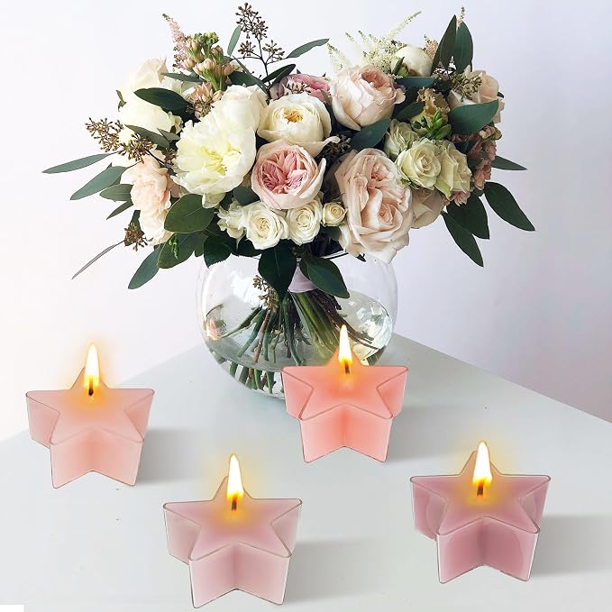 Tea Lights Gradation Pink Star Tea Candles Set of 12 – Tealight Candles with Rose Scent, Long Burning Handmade Tealights for Wedding Meditation Home Decor Gift