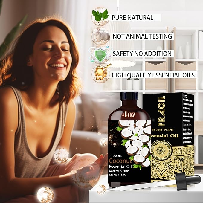 Coconut Essential Oil, Coconut Oil 4 Fl Oz 120ML for Diffuser Humidifier Yoga Cleaning DIY Candle Soap Making Perfume Gift for Women Essential Oils FRAOIL (Coconut 4 Fl Oz (Pack of 1))