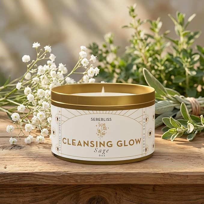 Sage Smudge Candle for Cleansing — 6oz Gold Tin Soy Candle, White Sage Scented, Smokeless Smudge Alternative for Manifestation, Protection, Meditation, Positive Energy & Spiritual Gifts