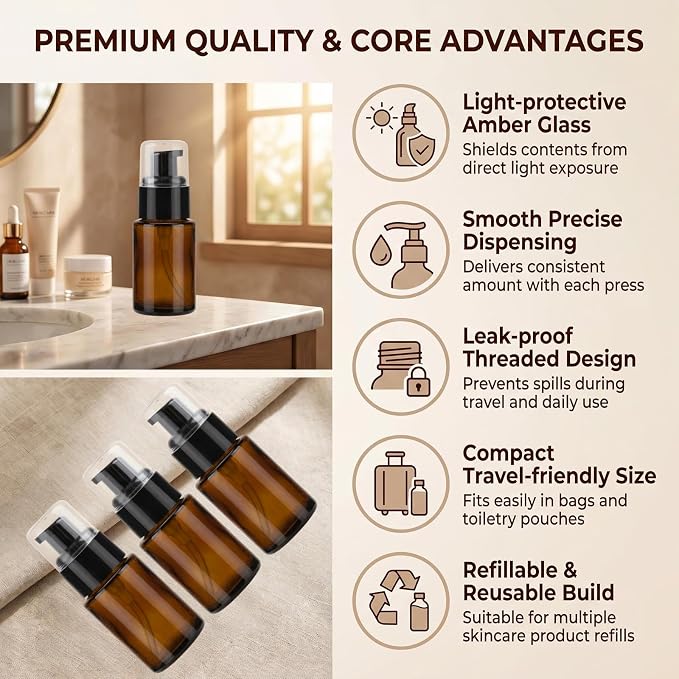 3 Pcs 30ml 1oz Amber Glass Travel Bottles Leakproof Cosmetic Cream Pump Bottle Dispenser Lotions Bottles Travel Containers Lotion Dispenser for Creams Foundation Shampoo Essential Oils