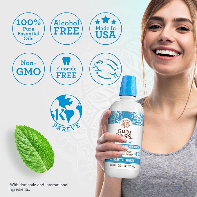 GuruNanda Whitening Mouthwash – Up to 3 Shades Whiter Teeth in 2 Weeks – Alcohol & Fluoride Free with Hydrogen Peroxide – Oxyburst Technology - Wild Mint, 33.8 oz/ 1 Liter (Pack of 2)